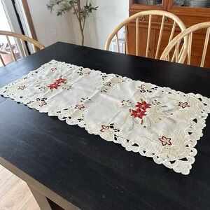 VTG New Poinsettia Cutwork Table Piece Cream Rectangle Christmas Centerpiece